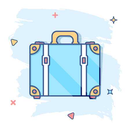 Vector cartoon suitcase icon in comic style. Case for tourism, journey, trip sign illustration pictogram. Suitcase business splash effect concept.のイラスト素材