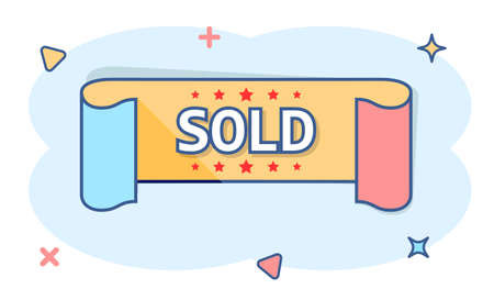 Vector cartoon sold ribbon icon in comic style. Discount, sale sticker label sign illustration pictogram. Sold ribbon business splash effect concept.のイラスト素材