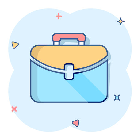 Vector cartoon suitcase icon in comic style. Luggage bag sign illustration pictogram. Diplomat case business splash effect concept.のイラスト素材