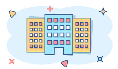 Vector cartoon building in comic style. House sign illustration pictogram. Building business splash effect concept.のイラスト素材