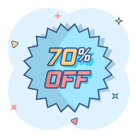 Vector cartoon discount sticker icon in comic style. Sale tag illustration pictogram. Promotion 70 percent discount splash effect concept.のイラスト素材
