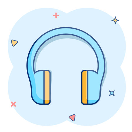 Headphone headset icon in comic style. Headphones vector cartoon illustration pictogram. Audio gadget business concept splash effect.のイラスト素材
