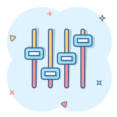 Control volume icon in comic style. Audio adjusting cartoon sign vector illustration on white isolated background. Filter splash effect business concept.のイラスト素材