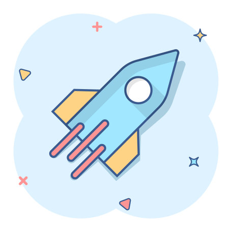 Rocket icon in comic style. Spaceship launch cartoon vector illustration on white isolated background. Sputnik splash effect business concept.のイラスト素材