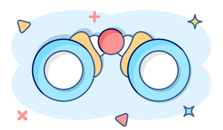 Binocular icon in comic style. Search cartoon vector illustration on white isolated background. Zoom splash effect business concept.のイラスト素材