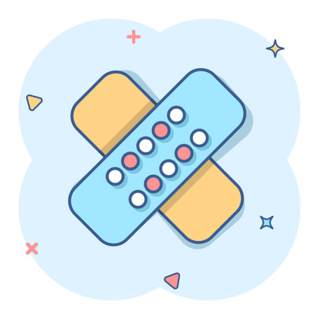 Bandage icon in comic style. Plaster cartoon vector illustration on white isolated background. First aid kit splash effect business concept.のイラスト素材