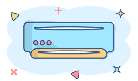 Conditioner icon in comic style. Cooler cartoon vector illustration on white isolated background. Cold climate splash effect business concept.のイラスト素材