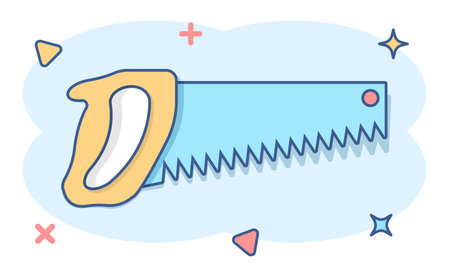 Saw blade icon in comic style. Working tools cartoon vector illustration on white isolated background. Hammer splash effect business concept.のイラスト素材