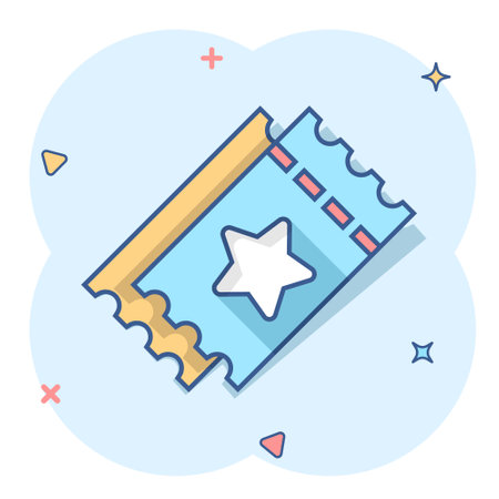 Cinema ticket icon in comic style. Admit one coupon entrance cartoon vector illustration on white isolated background. Ticket splash effect business concept.のイラスト素材