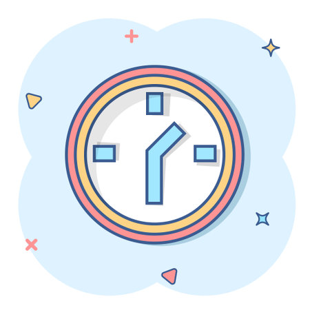 Clock icon in comic style. Watch cartoon vector illustration on white isolated background. Timer splash effect business concept.のイラスト素材
