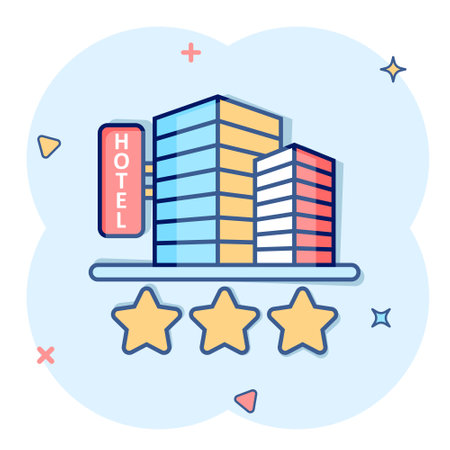 Hotel 3 stars sign icon in comic style. Inn building cartoon vector illustration on white isolated background. Hostel room splash effect business concept.のイラスト素材