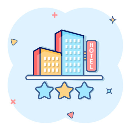 Hotel 3 stars sign icon in comic style. Inn building cartoon vector illustration on white isolated background. Hostel room splash effect business concept.のイラスト素材