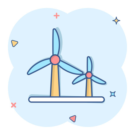 Wind power plant icon in comic style. Turbine cartoon vector illustration on white isolated background. Air energy splash effect sign business concept.のイラスト素材