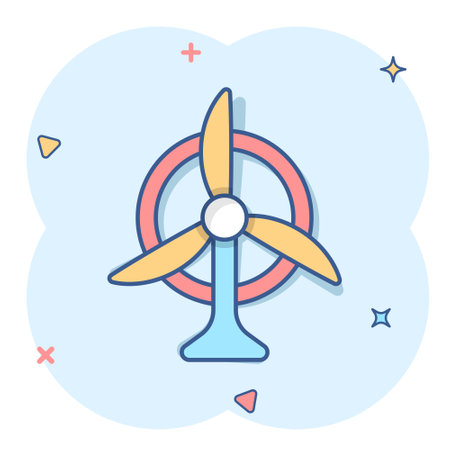 Wind power plant icon in comic style. Turbine cartoon vector illustration on white isolated background. Air energy splash effect sign business concept.のイラスト素材