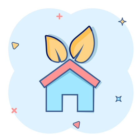 House with leaf icon in comic style. Flower garden cartoon vector illustration on white isolated background. Ecology splash effect sign business concept.のイラスト素材