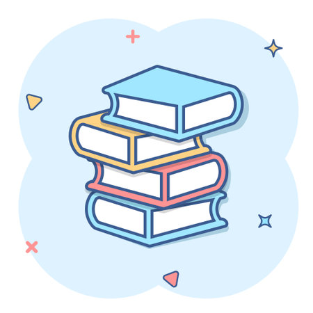 Book library icon in comic style. Encyclopedia cartoon vector illustration on white isolated background. Dictionary splash effect sign business concept.のイラスト素材