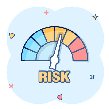 Risk meter icon in comic style. Rating indicator cartoon vector illustration on white isolated background. Fuel level sign splash effect business concept.のイラスト素材