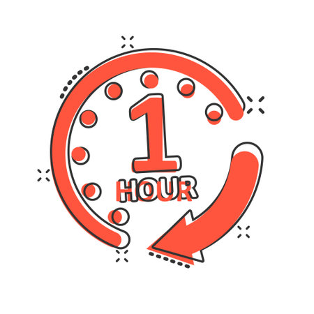 1 hour clock icon in comic style. Timer countdown cartoon vector illustration on isolated background. Time measure splash effect sign business concept.のイラスト素材