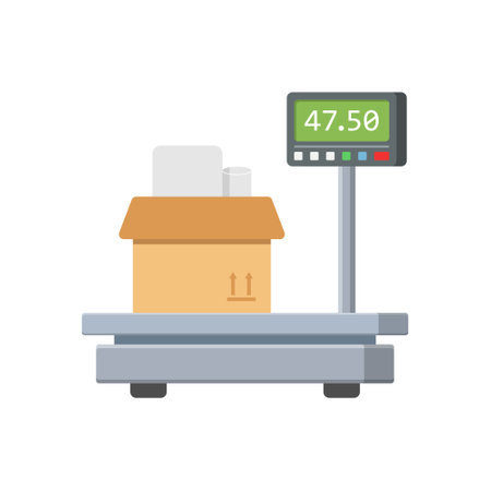 Electronic weight scale for cargo in flat style. Cardboard measuring vector illustration on isolated background. Equilibrium comparison sign business concept.のイラスト素材