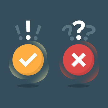 Cross and check mark icon in flat style. Right and wrong answer vector illustration on isolated background. True or false questionnaire sign business concept.のイラスト素材