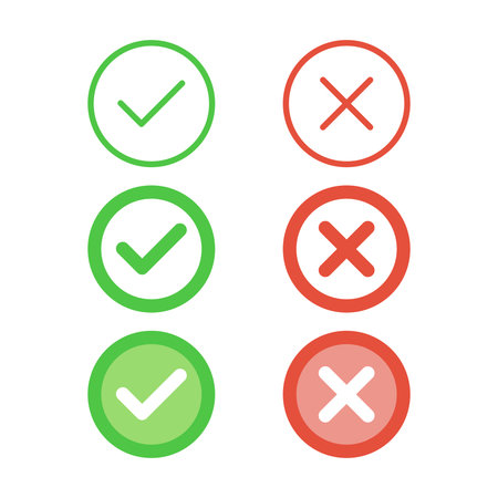 Cross and check mark icon in flat style. Checkmark right vector illustration on isolated background. Tick and cross sign business concept.のイラスト素材