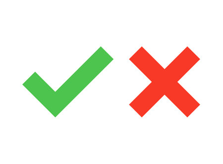 Cross and check mark icon in flat style. Checkmark right vector illustration on isolated background. Tick and cross sign business concept.のイラスト素材