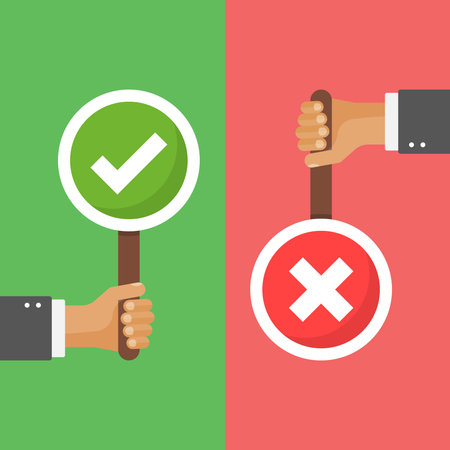 Hands hold signboard icon in flat style. Right and wrong feedback vector illustration on isolated background. Yes, no sign business concept.のイラスト素材
