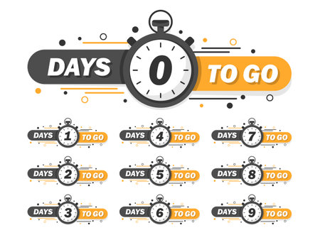 0, 1, 2, 3, 4, 5, 6, 7, 8, 9 days left icon in flat style. Offer countdown date number vector illustration on isolated background. Sale promotion timer sign business concept.のイラスト素材