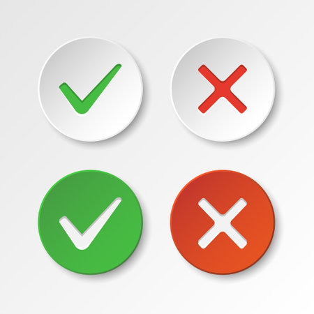 Cross and check mark icon in flat style. Checkmark right vector illustration on isolated background. Tick and cross sign business concept.のイラスト素材