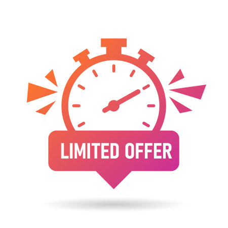 Limited offer icon in flat style. Promo label with alarm clock vector illustration on isolated background. Last minute chance sign business concept.のイラスト素材