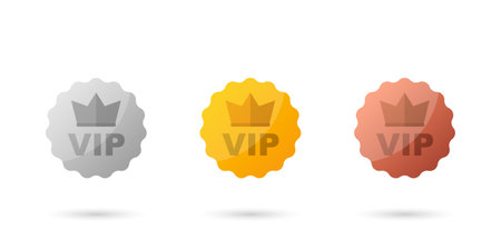 VIP badges icon in flat style. Gold, silver and bronze color vector illustration on isolated background. Premium luxury sign business concept.のイラスト素材
