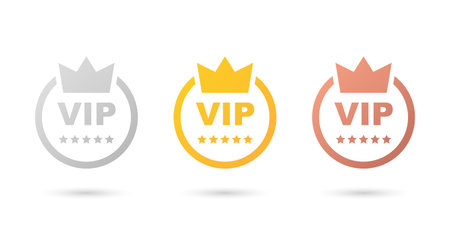 VIP badges icon in flat style. Gold, silver and bronze color vector illustration on isolated background. Premium luxury sign business concept.のイラスト素材