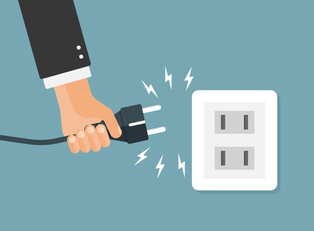 Electric socket with man hand icon in flat style. Connection symbol vector illustration on isolated background. Power socket sign business concept.のイラスト素材