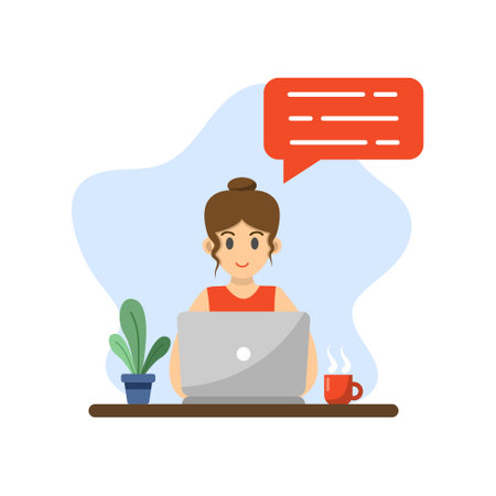 Girl with laptop icon in flat style. Woman freelance working vector illustration on isolated background. Student workplace sign business concept.のイラスト素材