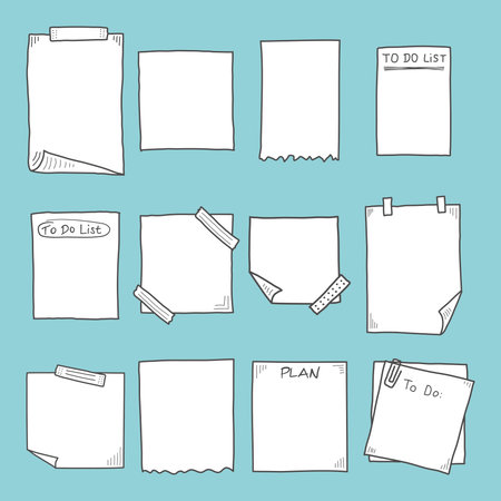 Hand drawn memo paper sheet icon set in flat style. Sticky note vector illustration on isolated background.  To do list sign business concept.のイラスト素材