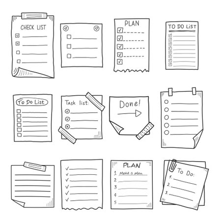 Hand drawn memo paper sheet icon set in flat style. Sticky note vector illustration on isolated background.  To do list sign business concept.のイラスト素材