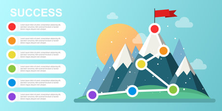Mountain with flag icon in flat style. Success vector illustration on isolated background. Hiking trip sign business concept.のイラスト素材