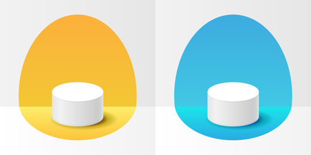 Yellow and blue color cylinder stand podium icon in flat style. Mockup product display vector illustration on isolated background. Stage for showcase sign business concept.のイラスト素材