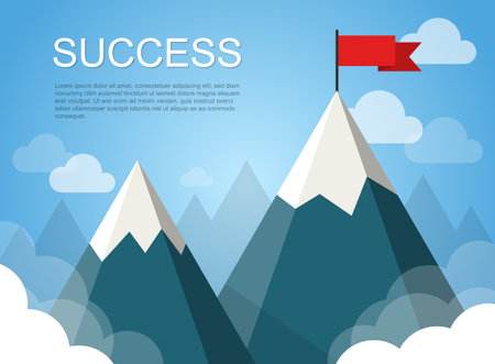 Mountain with flag icon in flat style. Success vector illustration on isolated background. Hiking trip sign business concept.のイラスト素材