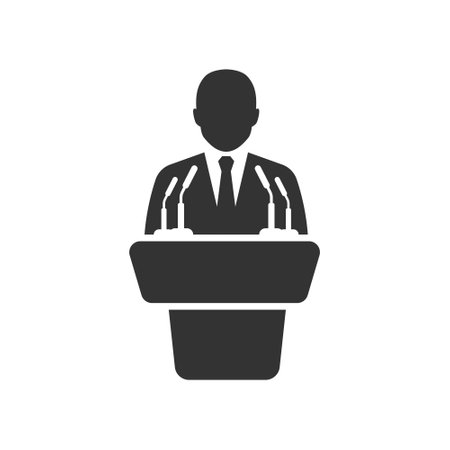 Speaker icon in flat style. Conference podium vector illustration on isolated background. Public speech sign business concept.のイラスト素材