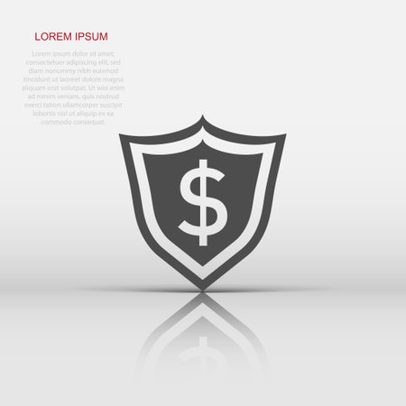 Vector shield with money icon in flat style. Shield sign illustration pictogram. Dollar business concept.のイラスト素材