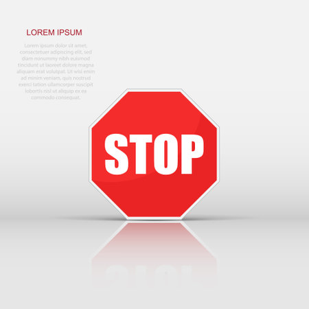 Vector red stop sign icon in flat style. Danger sign illustration pictogram. Stop business concept.のイラスト素材