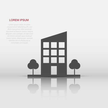 Vector building with trees in flat style. House sign illustration pictogram. Building business concept.のイラスト素材