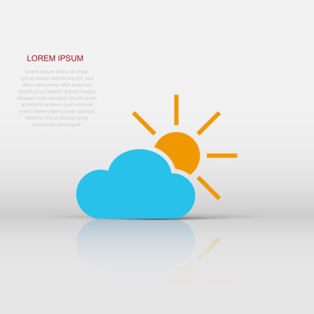 Weather forecast icon in flat style. Sun with clouds illustration on white isolated background. Forecast sign concept.のイラスト素材