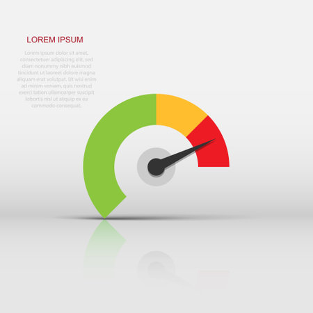 Meter dashboard icon in flat style. Credit score indicator level vector illustration on white isolated background. Gauges with measure scale business concept.のイラスト素材