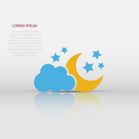 Moon and stars with clods vector icon in flat style. Nighttime illustration on white isolated background. Cloud, moon business concept.のイラスト素材