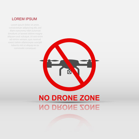 No drone zone sign icon in flat style. Quadrocopter ban vector illustration on white isolated background. Helicopter forbidden flight business concept.のイラスト素材