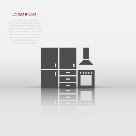 Kitchen furniture icon in flat style. Cuisine vector illustration on white isolated background. Cooking room business concept.のイラスト素材
