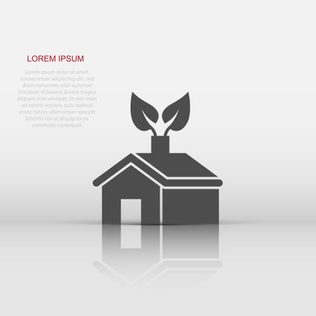 Ecology home icon in flat style. House with leaf vector illustration on white isolated background. Botanical building sign business concept.のイラスト素材