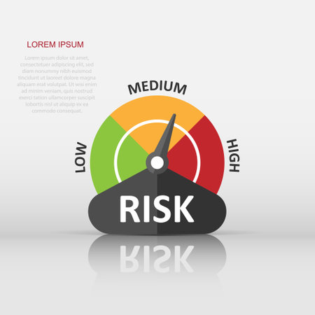 Risk meter icon in flat style. Rating indicator vector illustration on white isolated background. Fuel level sign business concept.のイラスト素材